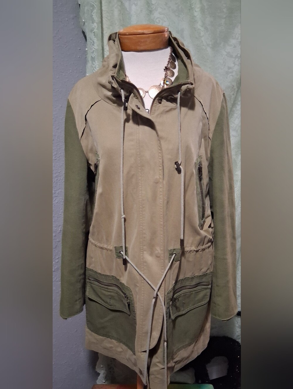 Maison Jules Two-Tone Tan and Olive Utility Peplum Jacket